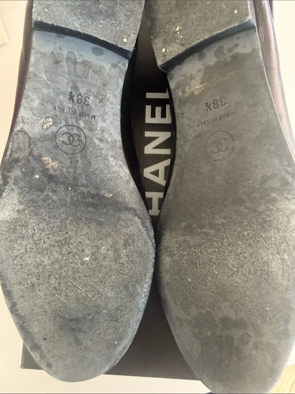 CHANEL Black Leather Cap-Toe Ballet Flats with Patent CC